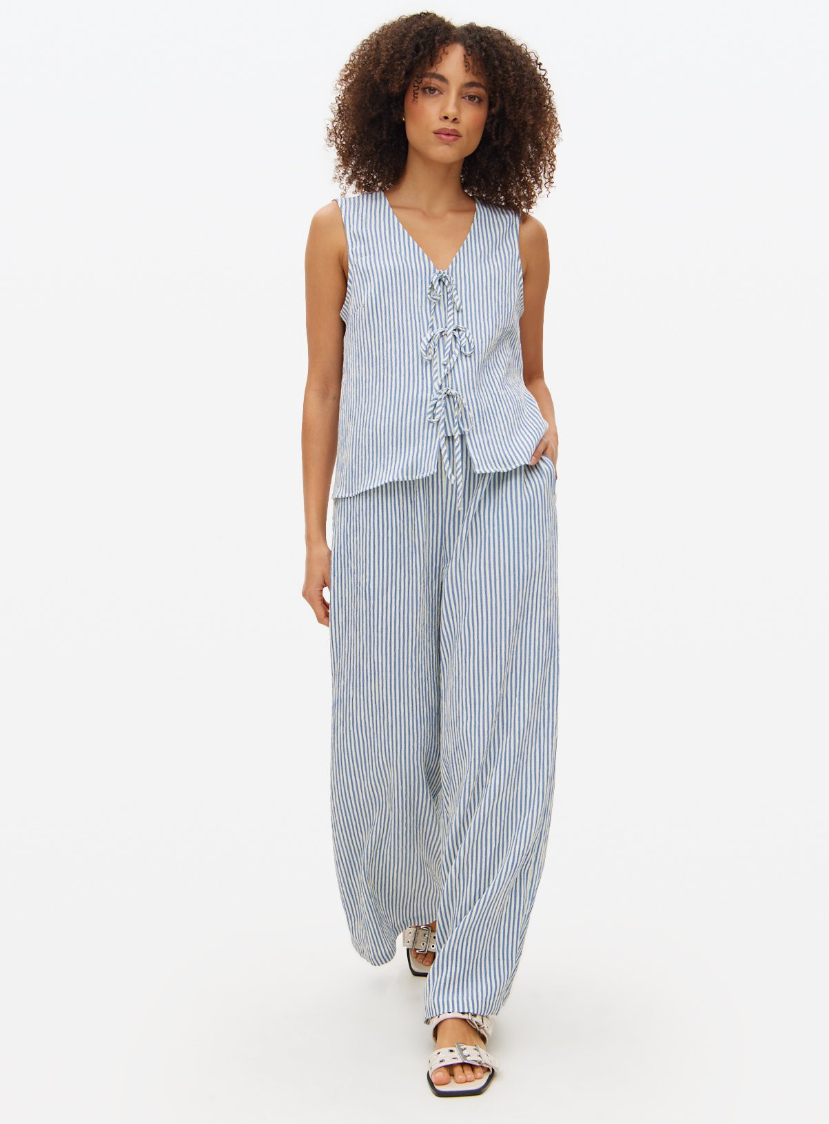 Blue Ultra Wide Seersucker Trousers | Tu Clothing