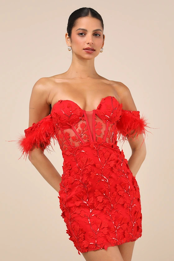 Midnight Sparkle Red Embroidered Feather Bustier Mini Dress | Lulus
