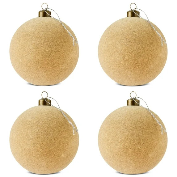4 Count Beige Flocked Ball Christmas Ornaments, 4.5", by Holiday Time | Walmart (US)