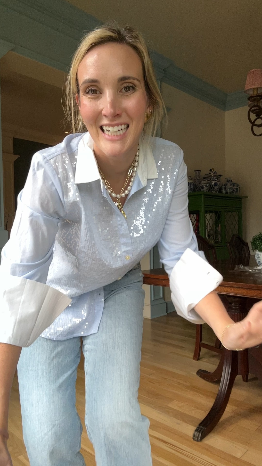 No boring shirts! This sequin button up is so fun and yet professional. This makes a cute mom outfit but would also be good for a teacher or the office. 

#LTKVideo #LTKFindsUnder50 #LTKMidsize