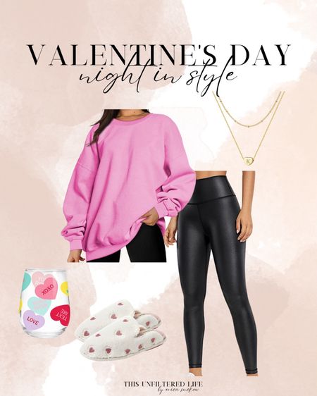 Valentin’s Day Style - Amazon Pink Sweater - Faux Leather Leggings - Women’s Slippers - Vday Wine Glass #Valentin’s Day #NightIn #ComfyCasual

#LTKSeasonal #LTKstyletip #LTKunder50