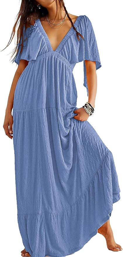 Kikibell Women Summer Dresses Sexy V-Neck Maxi Dress Tiered Silhouette with Flutter Sleeve Backle... | Amazon (US)