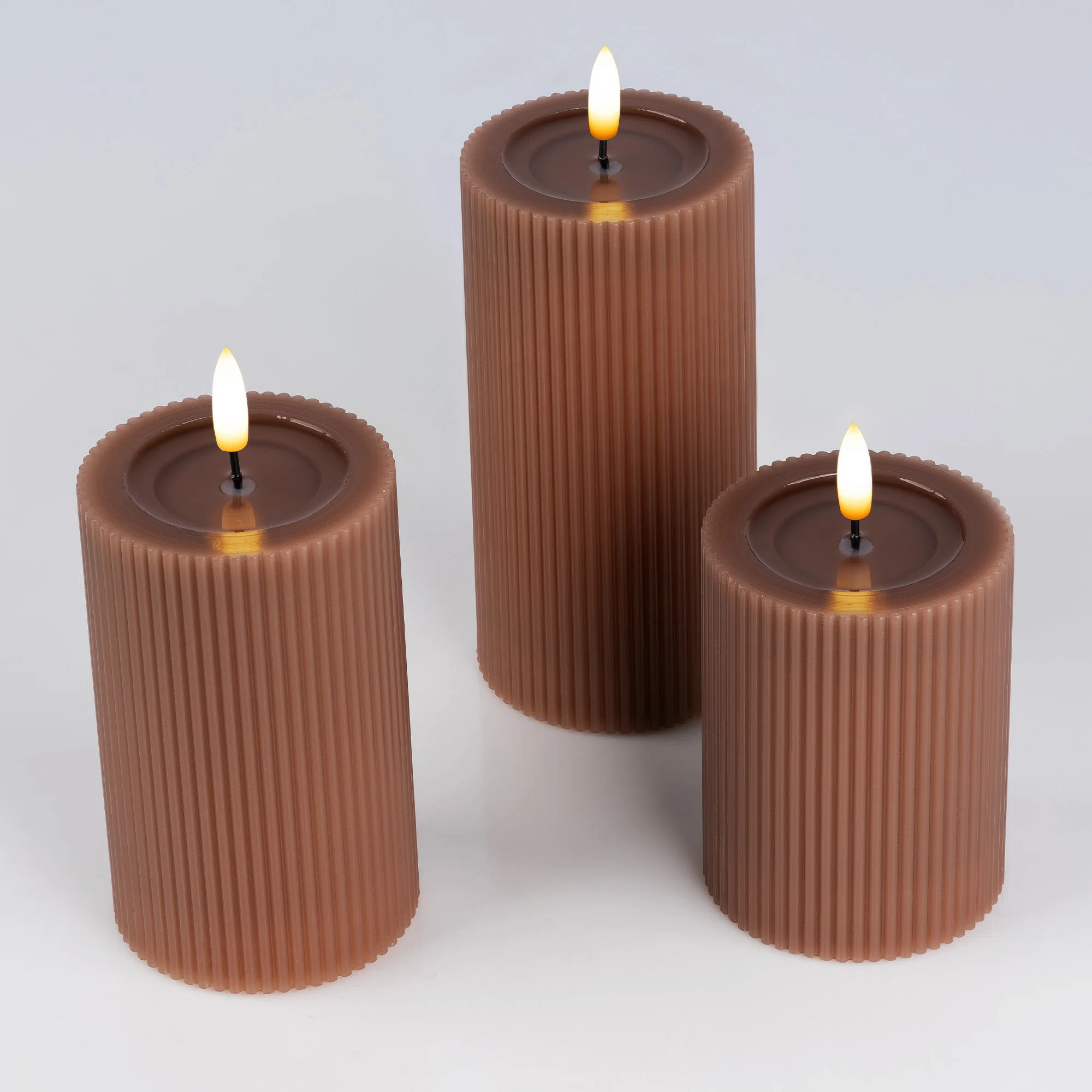 Fluted Ribbed LED Pillar Candles, Mocha Brown, with Reflective Melted-Wax Effect – Flickering F... | Wayfair North America