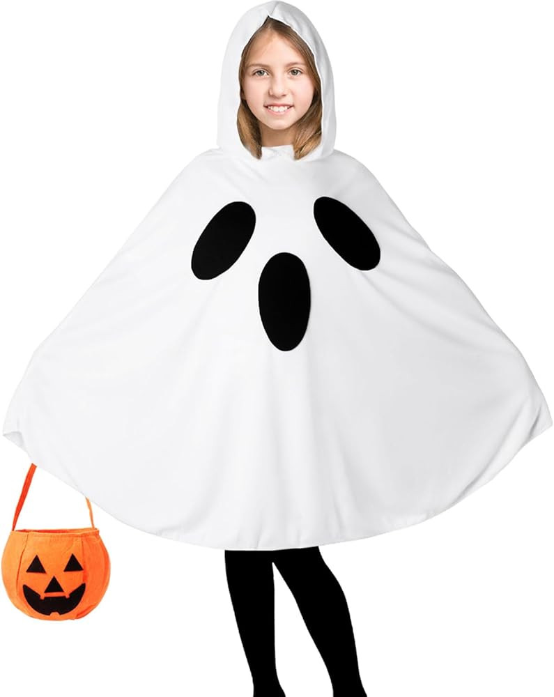 Oskiner Ghost Costume for Kids,White Ghost Poncho Hooded Cape with Pumpkin Bag,Spooky Halloween C... | Amazon (US)