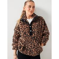 X Hattie Bourn Animal Button Up Borg Top - Brown | Very (UK)