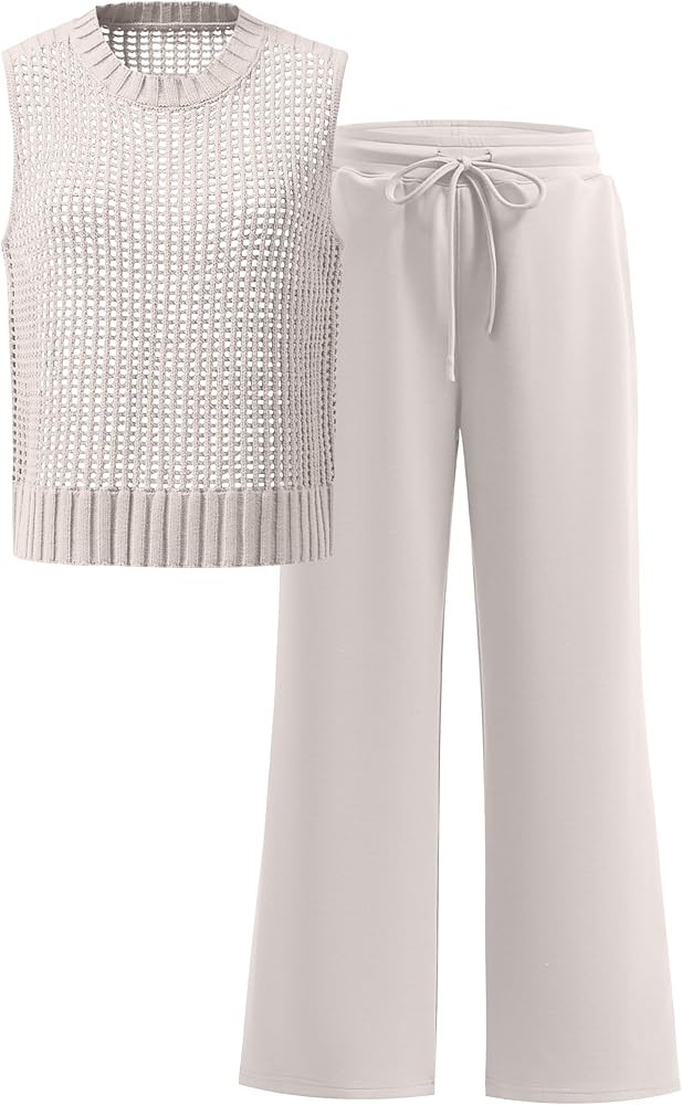 ANRABESS Women 2 Piece Summer Outfits 2025 Crochet Sweater Vest Wide Leg Pants Lounge Matching Se... | Amazon (US)