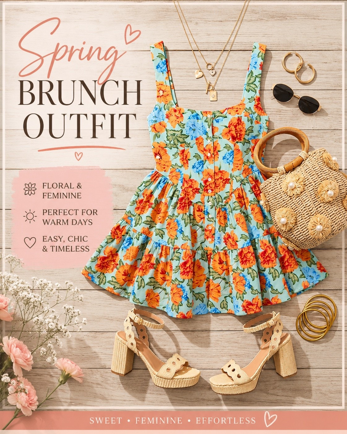 Spring brunch outfit idea 🌸 This look is giving easy, feminine, and vacation-ready. I love the bright floral mini dress paired with woven platform heels, a straw floral bag, gold jewelry, and classic sunglasses. Perfect for brunch, Easter weekend, vacation dinners, patio drinks, or any warm-weather plans.

Linking the full look 

#LTKStyle #LTKFinds #LTKFashion #SpringOutfit #SpringStyle #BrunchOutfit #FloralDress #VacationOutfit #DateNightOutfit #WovenBag #SpringFashion #ShopLTK

#LTKootd