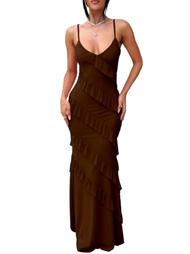 HOCILLE Women's Sexy V Neck Mesh Bodycon Wedding Guest Cocktail Maxi Dress | Amazon (US)