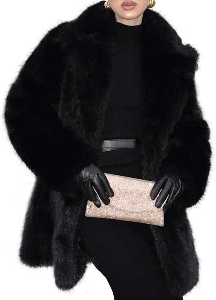 COZYPOIN Womens Faux Fur Coats Warm Mid Long Furry Jackets Long Sleeve Lapel Winter Fluffy Outerw... | Amazon (US)