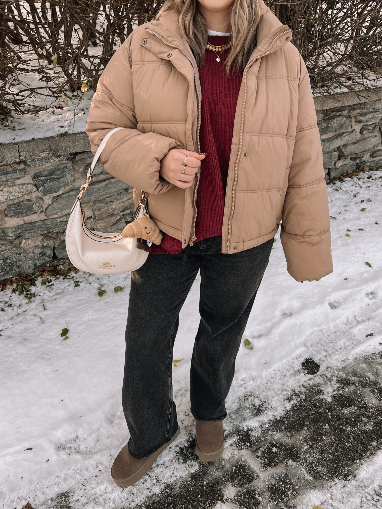 Casual midsize winter outfit! Wearing L in the puffer jacket, burgundy sweater, and white tee. Wearing 32 in the jeans for a looser, comfy fit. Ugg look for less boots from amazon are such good quality! I’m a 9.5-10 shoe and wear a 10. Canadian Old Navy puffer link under “similar products"


#LTKsale #LTKwinter #LTKmidsize