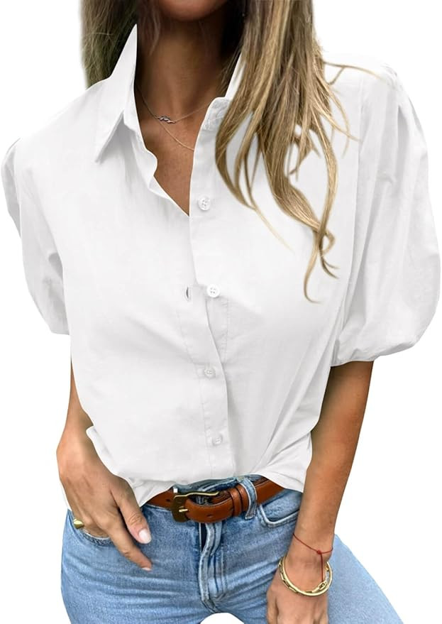 Tankaneo Women's Button Down Shirts Short Puff Sleeve Collared Dressy Casual Blouse Tops | Amazon (US)