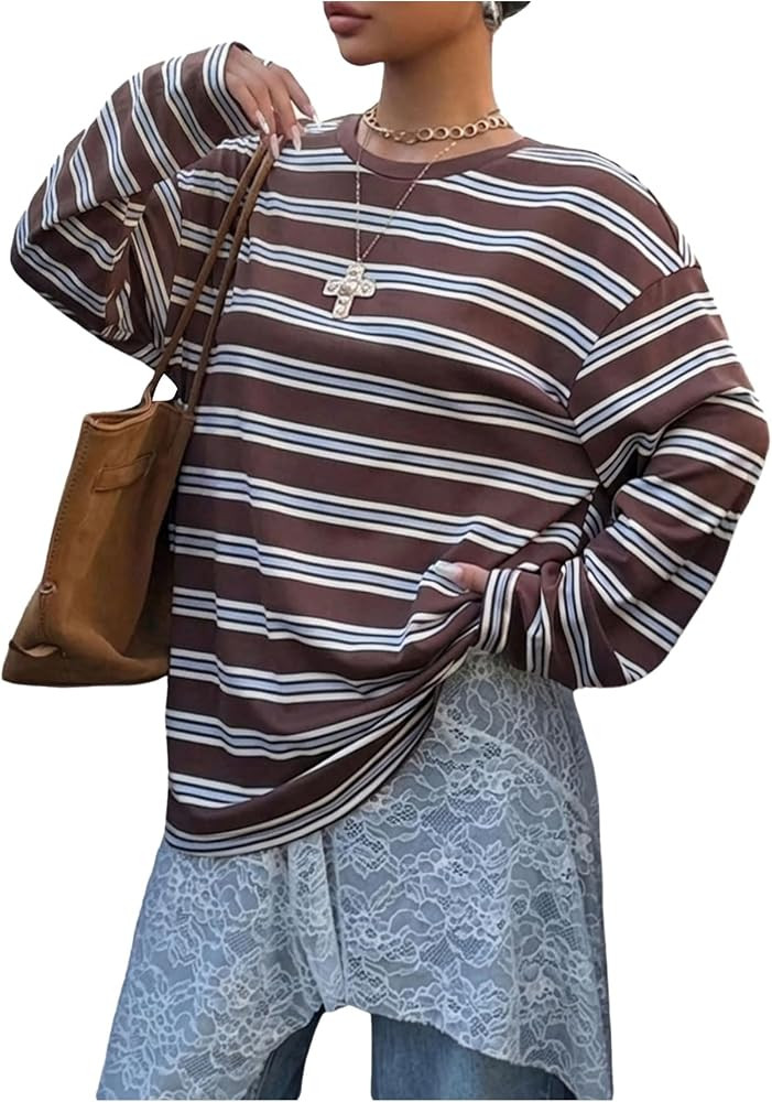 SHENHE Women's Striped Long Sleeve Shirt Y2k Oversized Tee Preppy Top | Amazon (US)