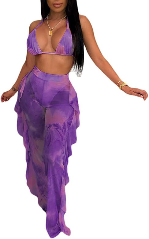Ophestin Womens Sexy Halter Sheer Bikini Ruffle Long Pants Set 2 Piece Swimsuit | Amazon (US)