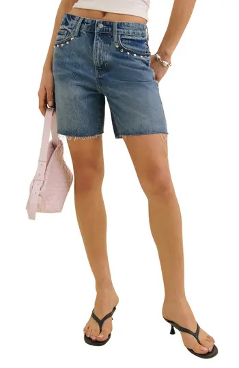 Reformation Raye Relaxed Cutoff Shorts in Chesepeake Studded at Nordstrom Rack, Size 31 | Nordstrom Rack