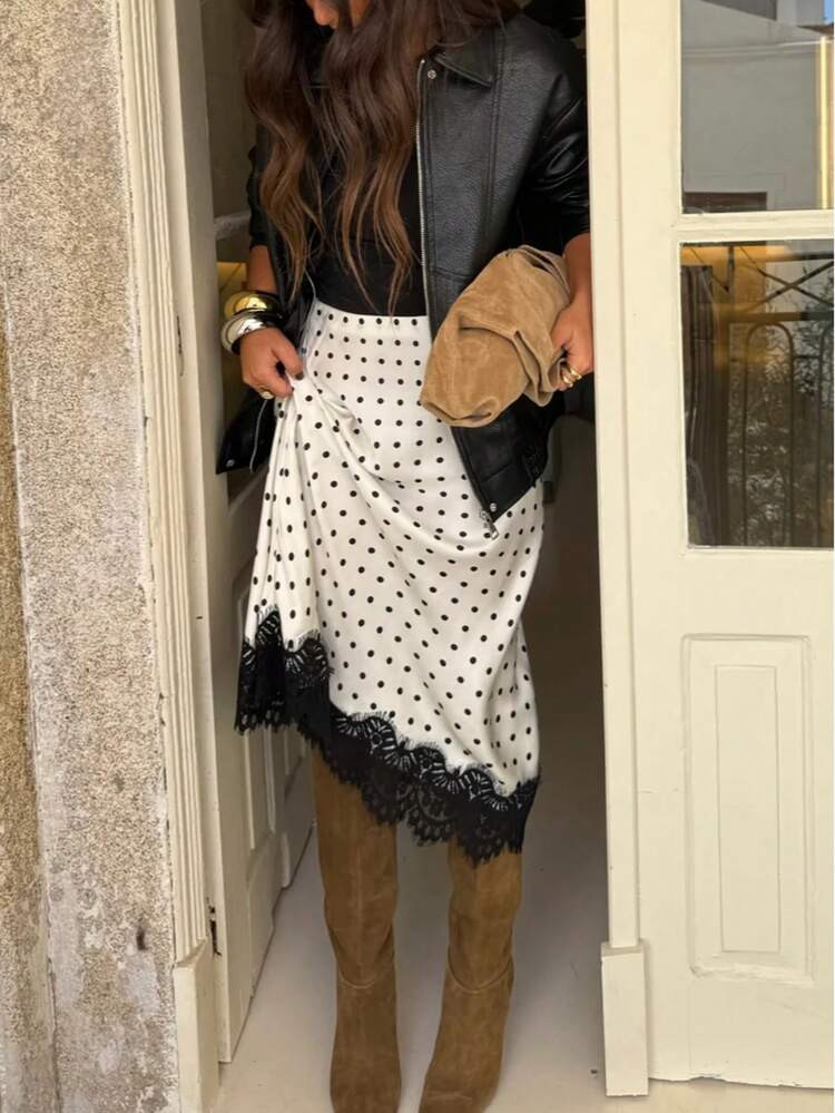 Women's Polka Dot Patchwork Contrast Color Elegant Party Woven Fabric Hollow Lace Trim Skirt, Suitable For Resort & Beach, Autumn/Winter | SHEIN