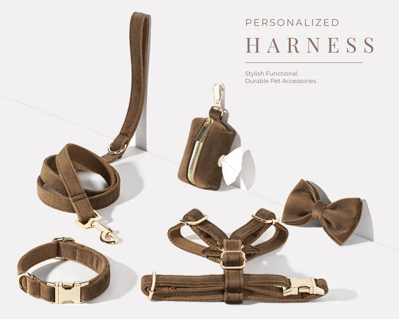 Brown Dog Harness and Leash Collar, Bow Tie, Poo Bag Holder Set, Personalised Step in Harness Fan... | Etsy (US)