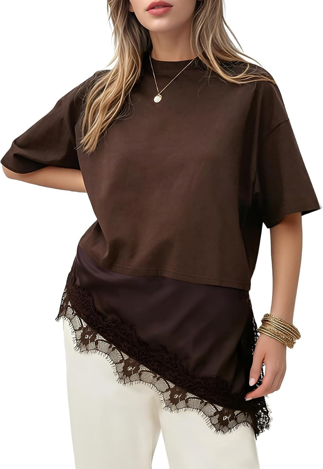 Womens Summer Tops Lace Patchwork Asymmetrical Short Sleeve Cotton T-Shirt | Amazon (US)