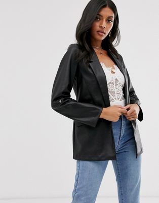 Stradivarius faux leather blazer in black | ASOS UK