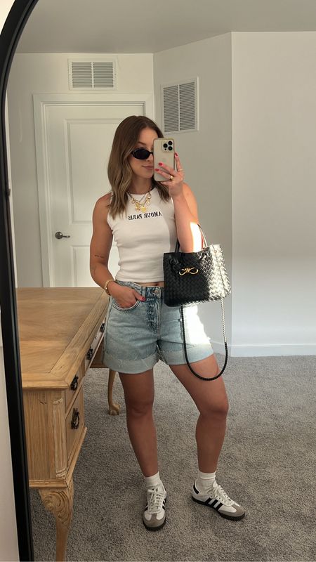 4/30/24 Found the perfect baggy shorts 🫶🏼 Baggy shorts, jean shorts, denim shorts, high rise jean shorts, basic white tank top, casual outfit ideas, casual outfit inspo, casual spring style, casual summer outfits
