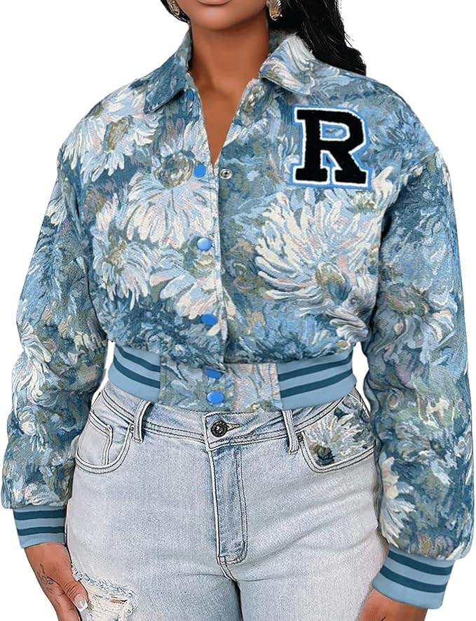KANSOON Varsity Jacket Women Bomber Textured Floral Cropped Jackets Letterman Snap Buttons Long S... | Amazon (US)