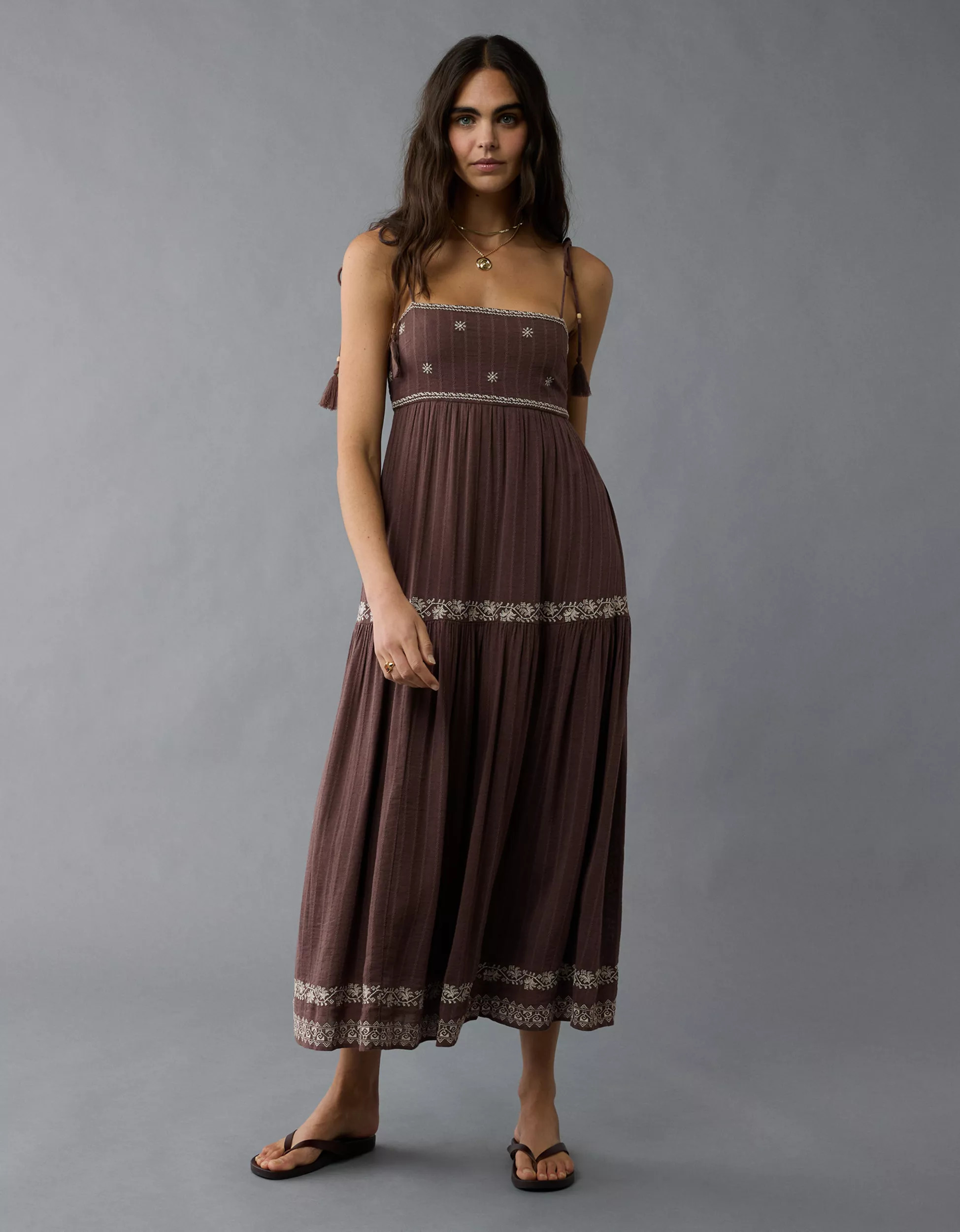 AE Empire Waist Embroidered Midi Dress | American Eagle Outfitters (US & CA)