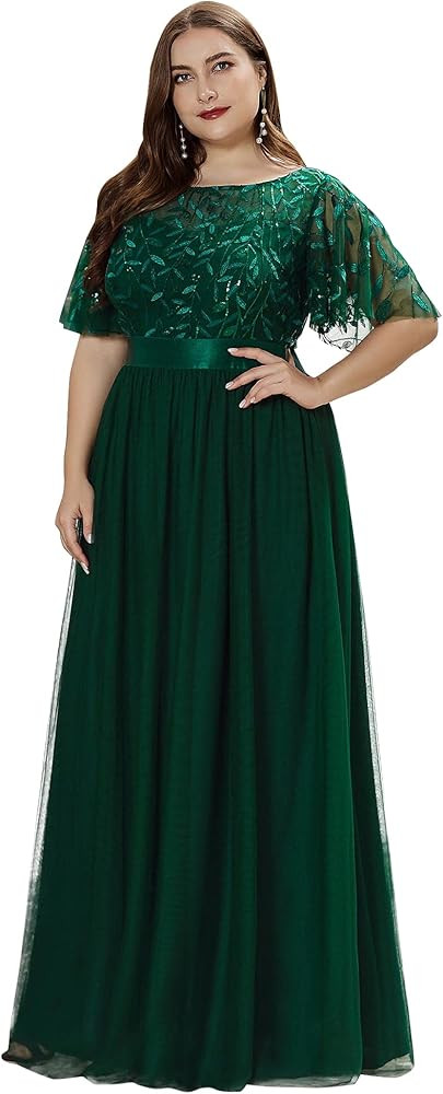 Ever-Pretty Women's Round Neck Short Sleeves Plus Size A-Line Tulle Sequin Formal Evening Dresses... | Amazon (US)