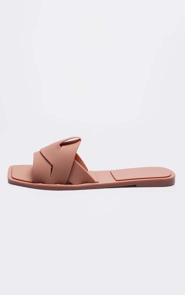 Coffee Square Toe Rubber Cross Strap Slides | Pretty Little Thing (Australia & New Zealand)