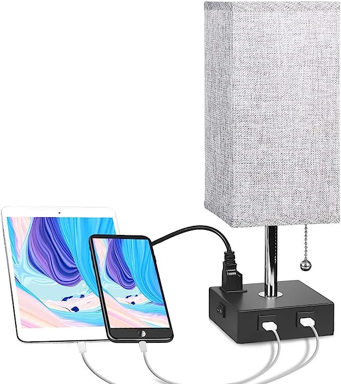 USB Bedside Table Lamp with Outlet, Aooshine Modern Nightstand Lamp with 2 Useful USB Ports & One... | Amazon (US)