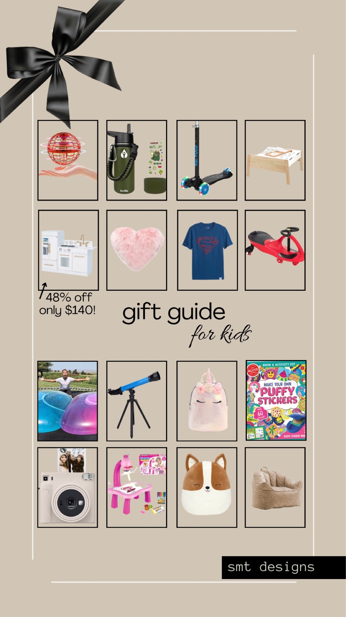 Gift guide for Kids, including a plasma car, play kitchen that is 48% off, a telescope, giant water balloons, a light up scooter, insulated bottle, hover ball, squishmallow, unicorn backpack, puffy sticker maker, instant camera, art table, superhero shirt, fluffy heart pillow, and drawing table  

#LTKGiftGuide #LTKkids #LTKsalealert