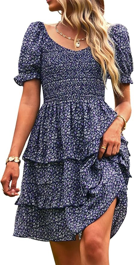 NIVYEE Women's Puff Sleeve Dresses Ruffle Hem Inside Liner Smocked A-line Floral Dress | Amazon (US)
