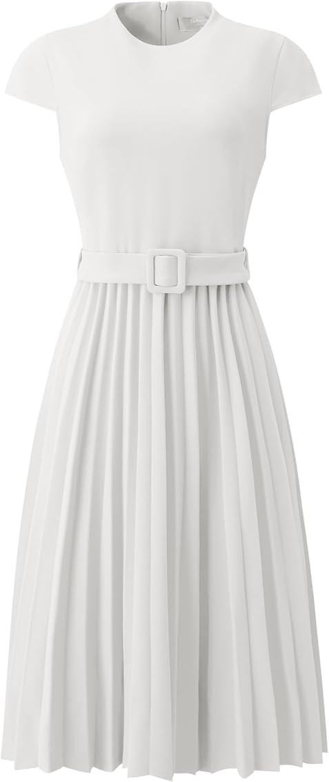 Women's Pleated Dress Mock Neck Cap Sleeve Belted A-Line Dresses | Amazon (US)