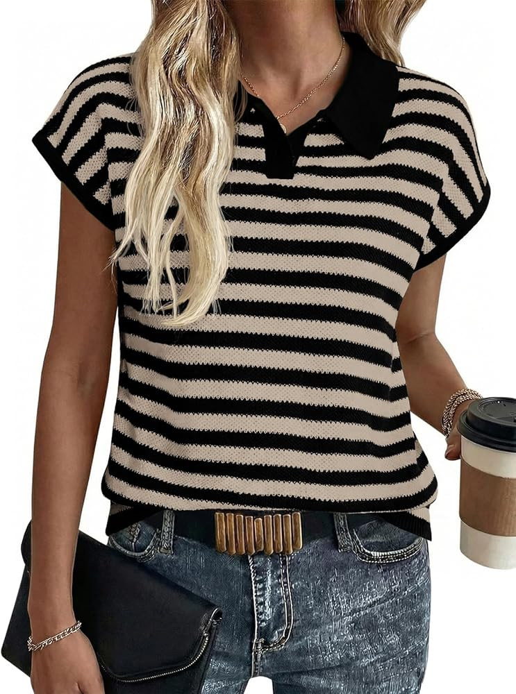 Saodimallsu Womens Striped Polo Sweater Cap Sleeve Summer Top Button V Neck Collared Knit Pullove... | Amazon (US)