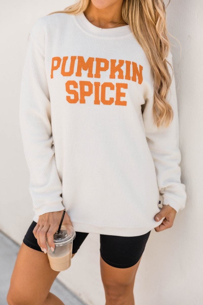 Pumpkin Spice Graphic Pullover Corded Ivory Sweatshirt | The Pink Lily Boutique
