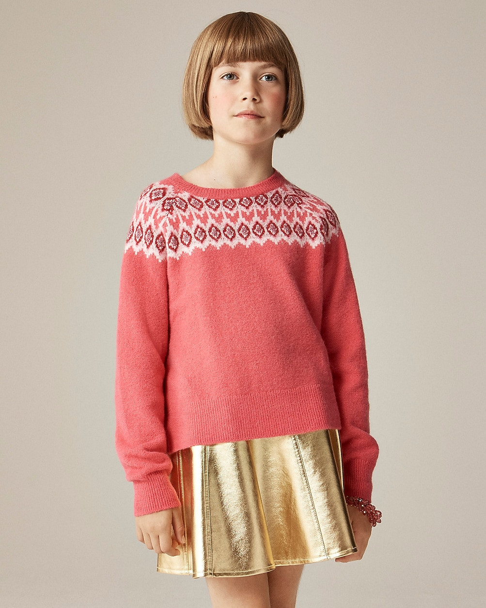 Girls' metallic Fair Isle sweater in Supersoft yarn | J. Crew US