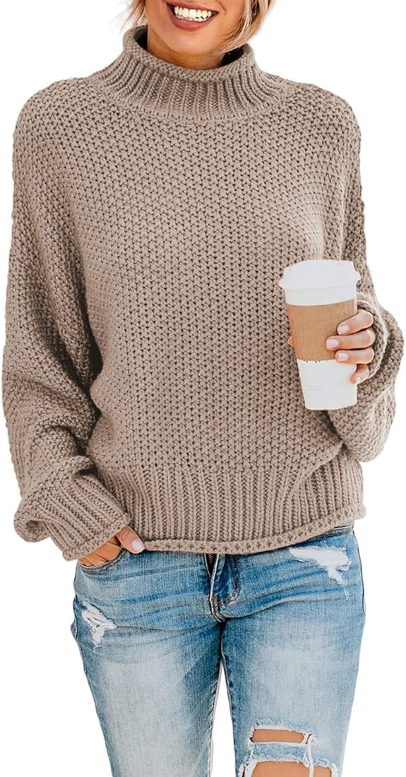 Dokotoo Womens 2023 Winter Fall Solid Turtleneck High Neck Balloon Long Sleeve Sweaters Pullover Out | Amazon (US)