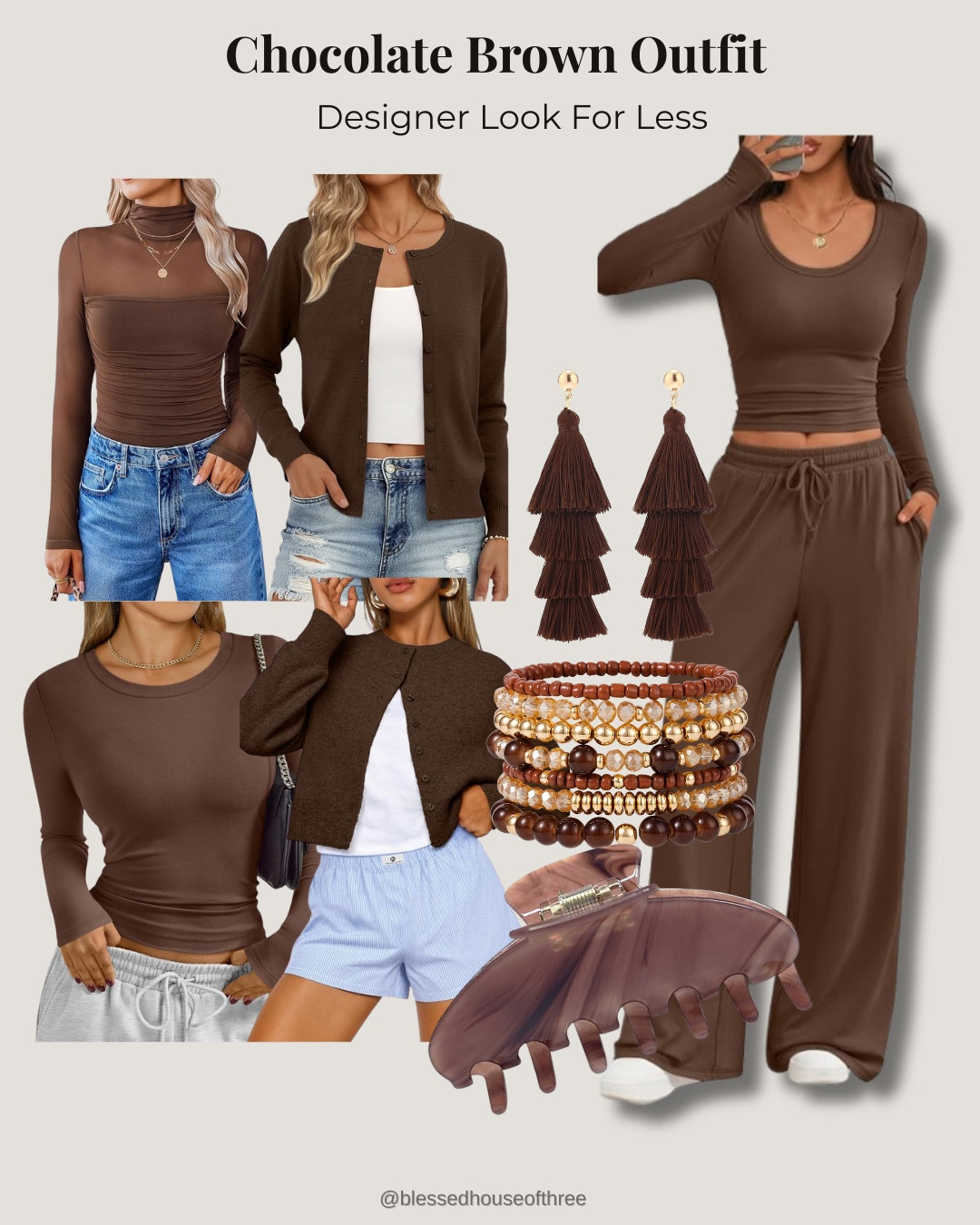 Chocolate brown outfit styled with elevated everyday basics for a designer look for less. Sharing versatile neutral tops, cozy lounge pants, and chic brown accessories that mix effortlessly into a capsule wardrobe. These pieces are easy to dress up or down and perfect for everyday wear, casual errands, or relaxed travel days. Chocolate brown accessories, neutral outfit, lace trim top, 

#LTKSaleAlert #LTKWorkwear #LTKSeasonal