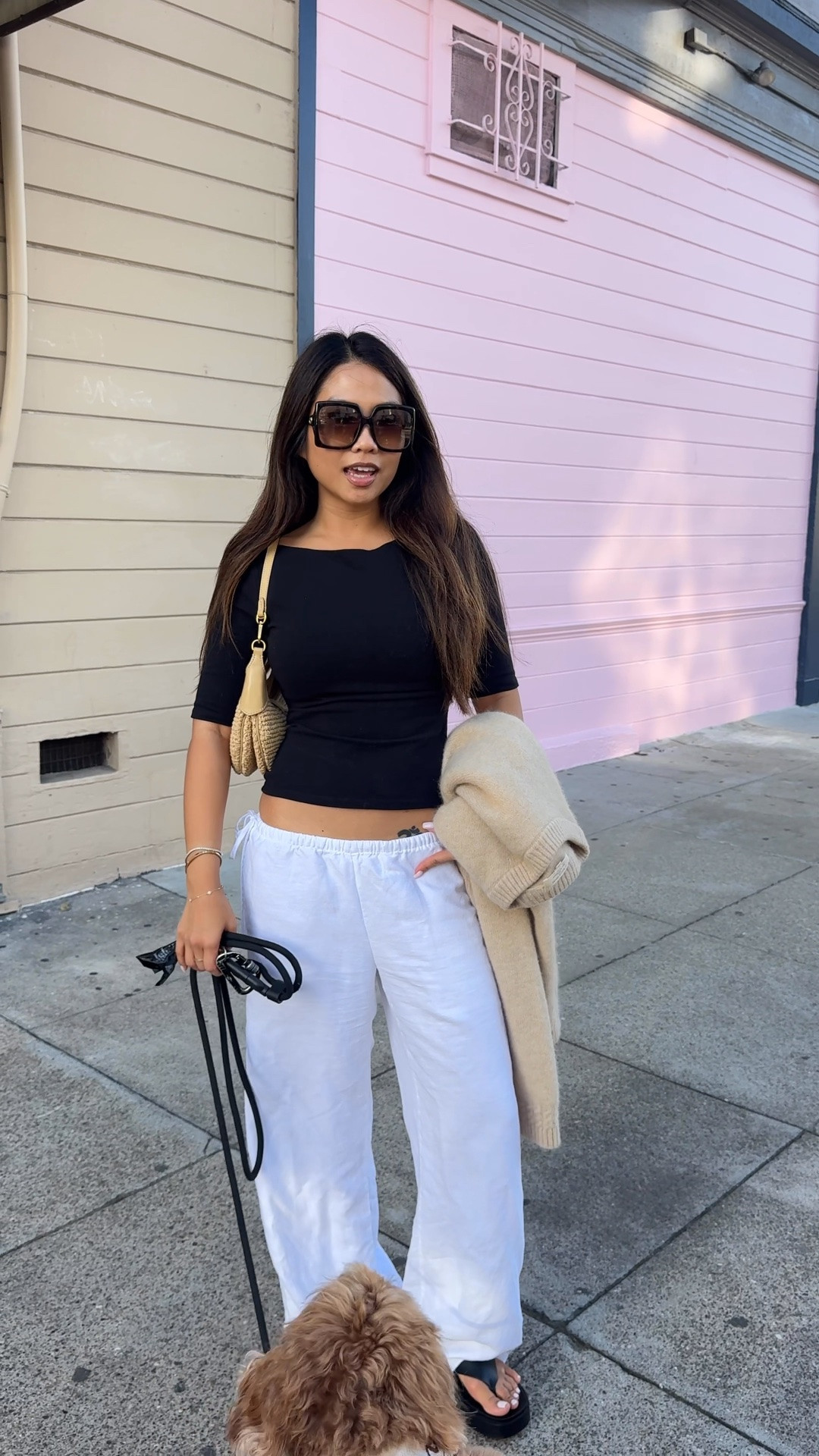 Casual outfit 🖤 my number one tip for dressing in San Francisco is to always have a layer for when the sun sets bc no matter how warm and sunny it was during the day it’ll get chilly at night! 

Sizing:
Top - tts, xs
Linen pants - tts, xs
Platform flip flops - tts 
Sweater - sized up, S for oversized fit

#LTKootd #LTKPetite