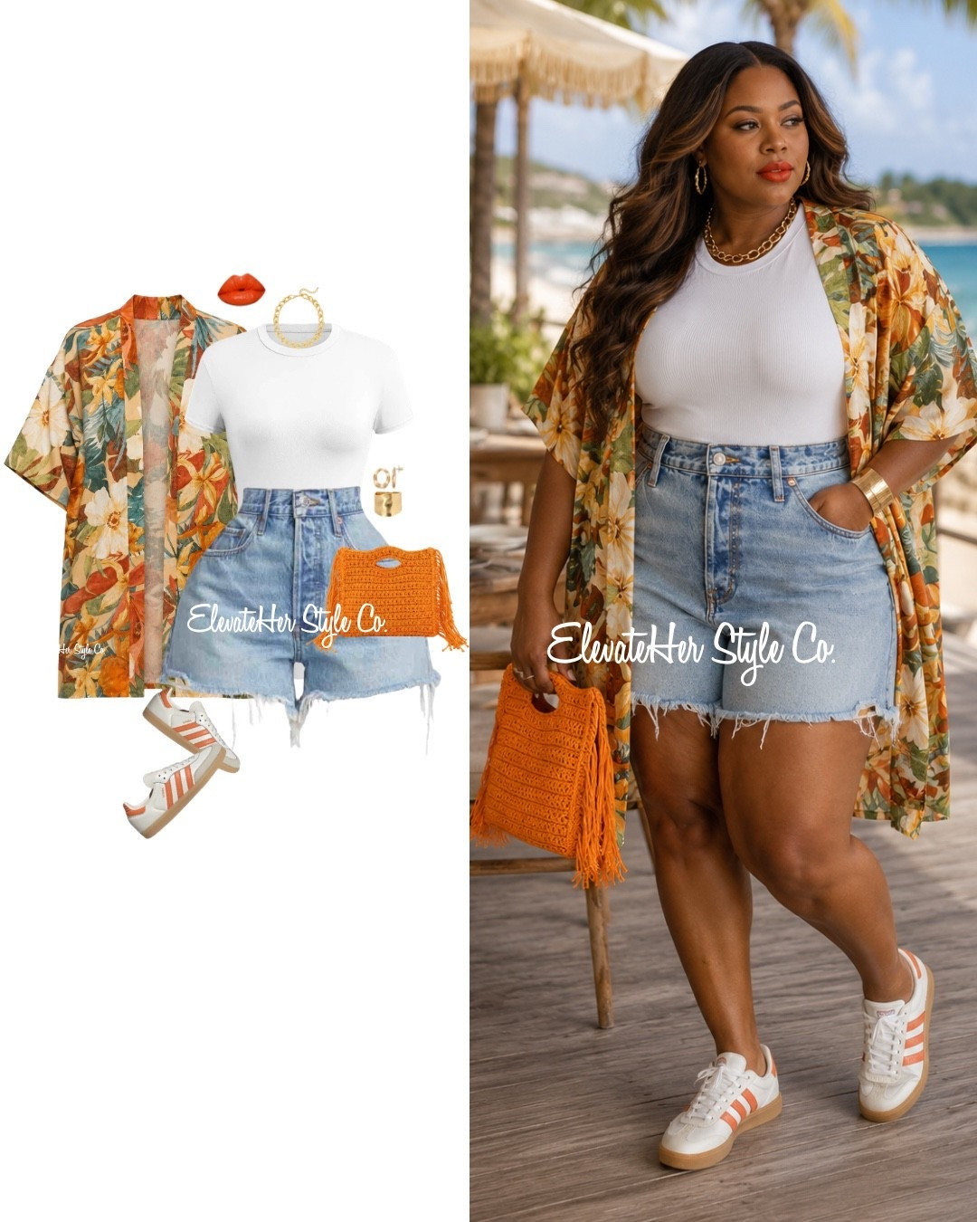 Here’s why this works: the white tee gives that bold print room to vibe without competing. High-rise shorts hit your waist where you’re smallest, so it’s creates instant shape. 
•
The kimono layers in length and soft arm coverage that’s perfect for imperfections. Then echo one color from the print into your bag and shoes. Effortless, elevated, all you. We break looks down like this every week inside the ElevateHer Style Membership. 💕

#LTKgrwm #LTKfitnessgoals #LTKootd