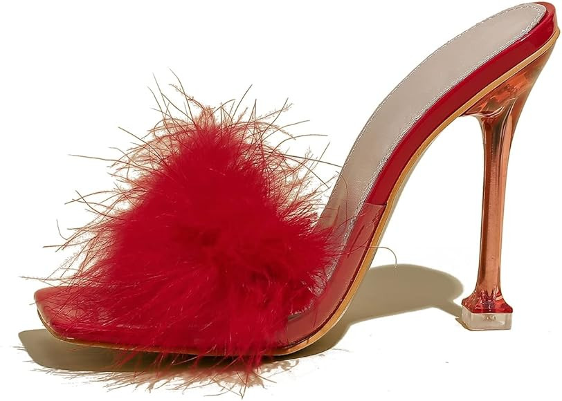 Women Rabbit White Fur Clear PVC Slippers Square Toe Stilettos Slides Transparent Crystal High He... | Amazon (US)