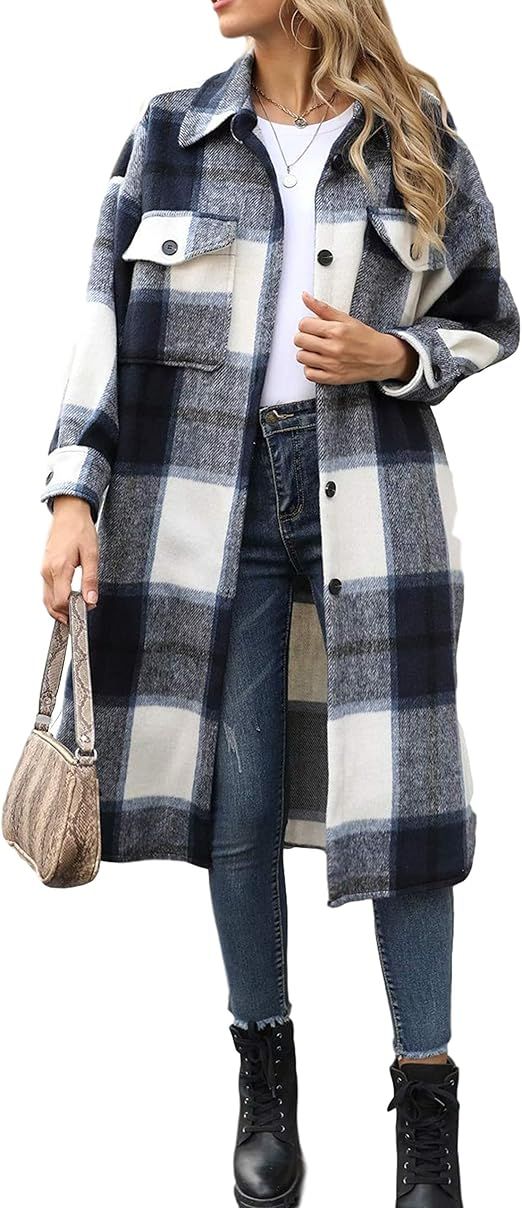 Qiaomai Womens Plaid Wool Blend Lapel Button Long Pocketed Shirt Shacket Overcoat | Amazon (US)