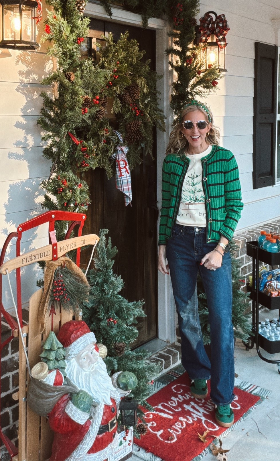Christmas sweater… but make it green. 💚✨ This lightweight textured cardigan is the definition of polished holiday layering—classic meets trendy with a stretchy stitch, eye-catching buttons, and fresh green + navy stripes. Paired with my Merry & Bright Amazon tee and new-arrival Walmart jeans for an easy, festive look that works all season long. Wearing XS in the cardigan. 

#LTKdayinmylife #LTKHoliday #LTKootd