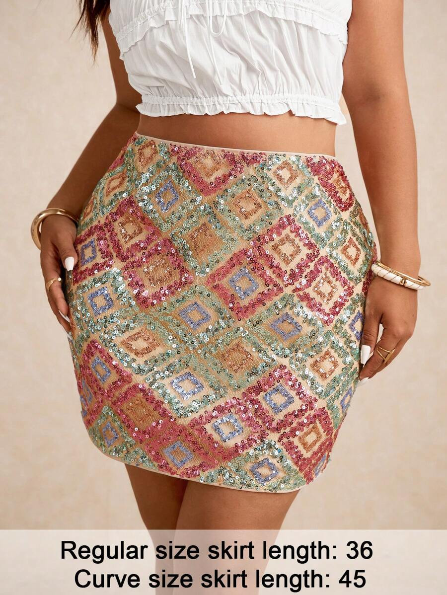 Elaquor Plus Size Women Glamorous Sequin Geometric Design Short A-Line Skirt | SHEIN