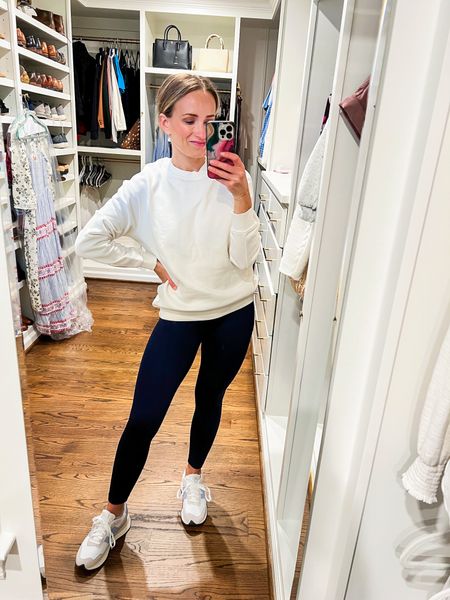 Ribbed SPANX leggings (on sale for $60) in an XS, Amazon Sweatshirt (size XS), and New Balance 237 Shoes in the white/grey/blue color way. #athleisure #casual 

#LTKstyletip #LTKSeasonal #LTKunder50