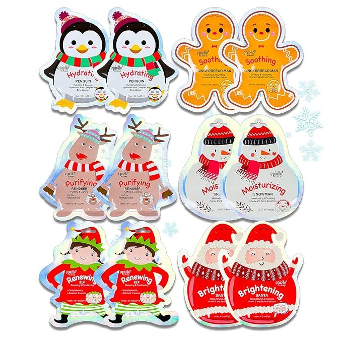 Epielle Christmas Holiday Character Sheet Mask Assortments,- Santa, Reindeer, Snowman, Elf, Ginge... | Amazon (US)