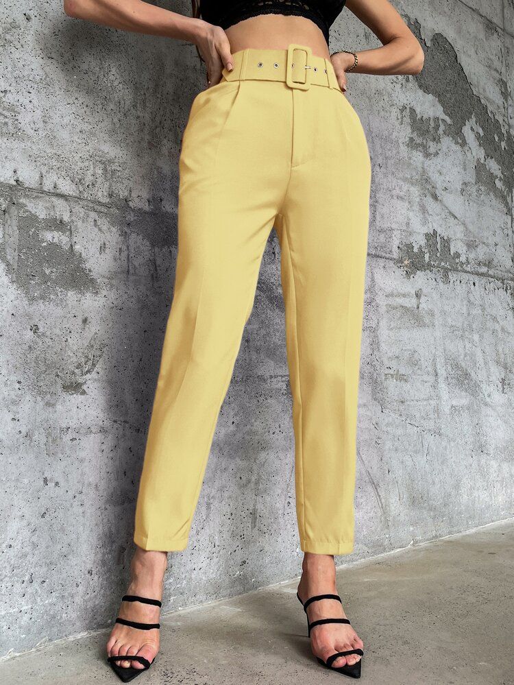 Solid Belted Tapered Pants | SHEIN