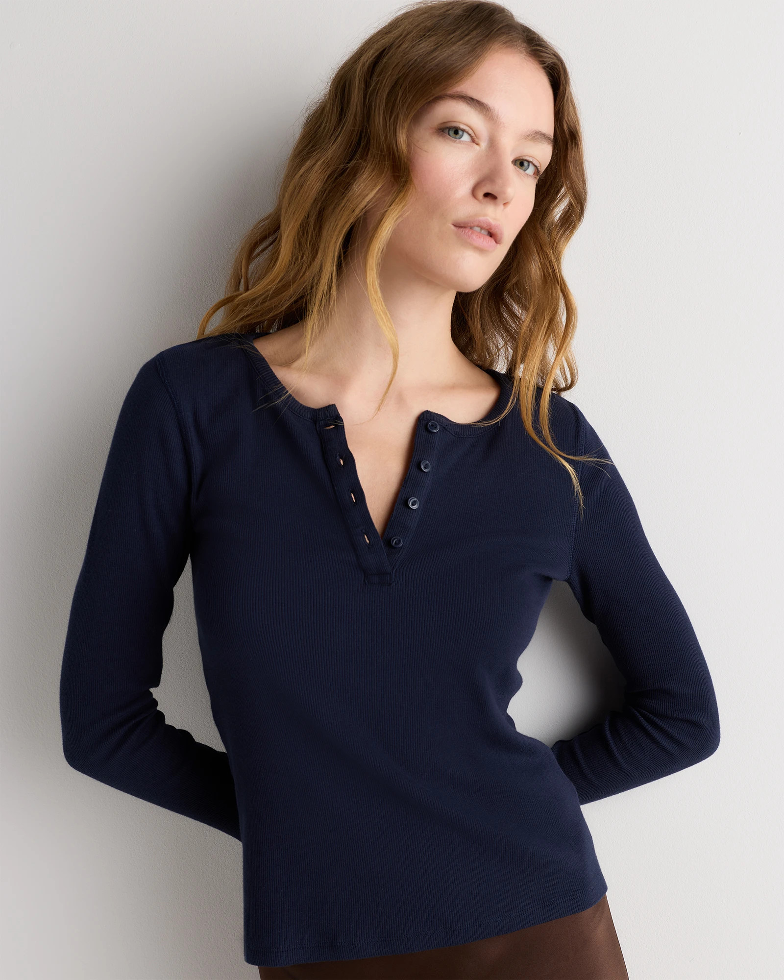 Quince | Women's Micro-Rib Henley Long Sleeve T-Shirt in Black, Size XL, Organic Cotton | Quince