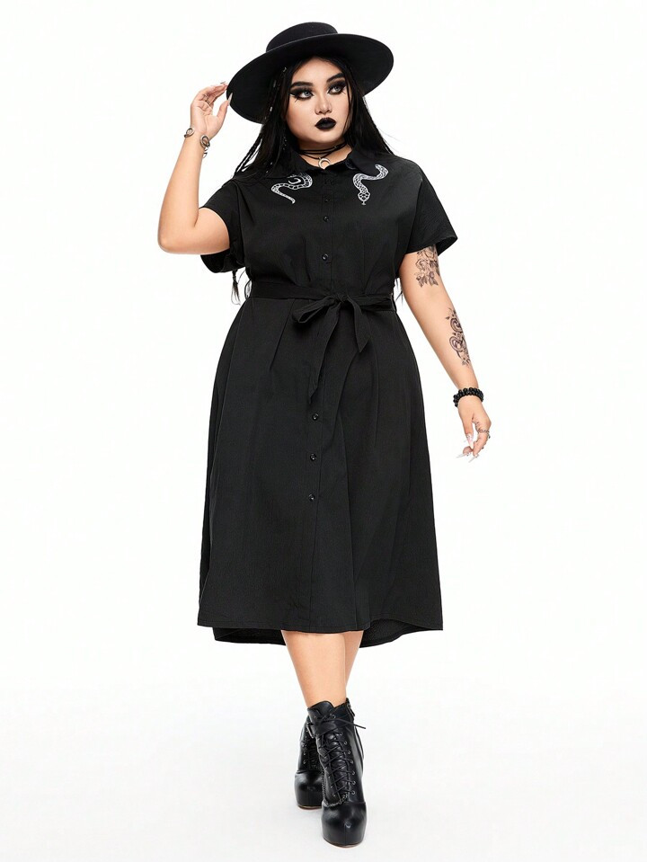 ROMWE Goth Black Casual Vacation Shoulder Snake Embroidery Button Up Shirt Dress With Waist Tie |... | SHEIN