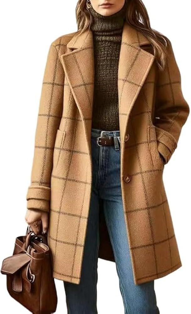 Plaid Wool Coats for Women Notched Lapel Casual Checkered Mid Long Dress Blazer Jackets Single Br... | Amazon (US)