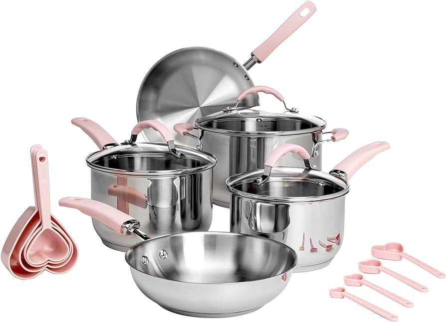 Paris Hilton Stainless Steel Pots and Pans Set with Stay-Cool Pink Handles, Tempered Glass Lids, ... | Amazon (US)