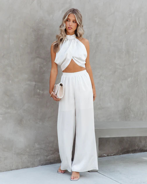 Elegant And Graceful Satin High Waisted Wide Leg Pants - Off White | VICI